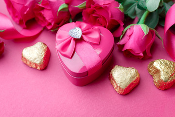 Valentines Day gift box with Pink roses and candy