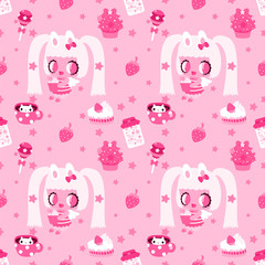 Pink and cute pattern with sweets and little funny girl.