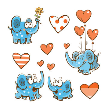 Cartoon elephants set by Valentine's Day. Vector image. Elepants in love.