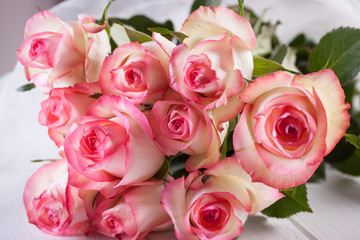 Bunch of roses on white wooden background