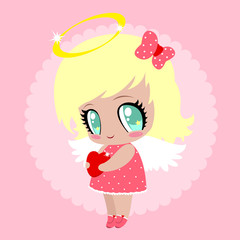 Sweet Angel Girl with a red heart in her hands for Valentine's Day
