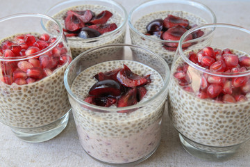 Chia seeds pudding with pomegranate and cherries, selective focus