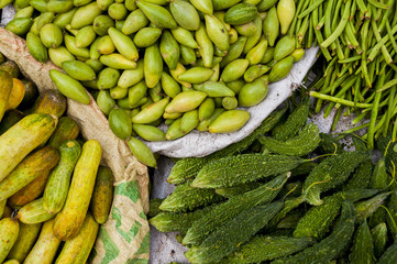 Bitter melon, cucumbers and longbeans at the market