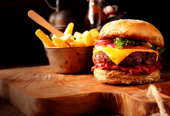 Modern Fast Food homemade burger with chips