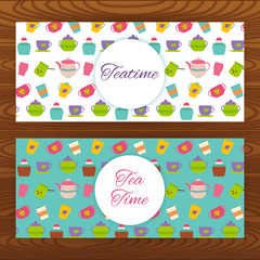 Teatime web banners on wooden texture