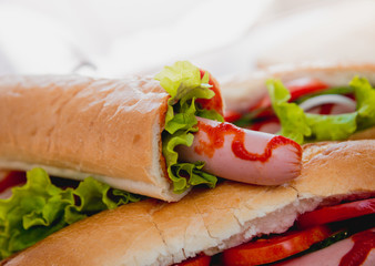 Large hot dog with vegetables