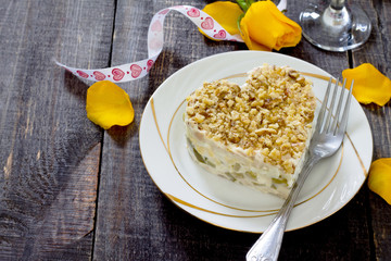 Salad in the form of heart with walnuts and meat. Wedding day. V