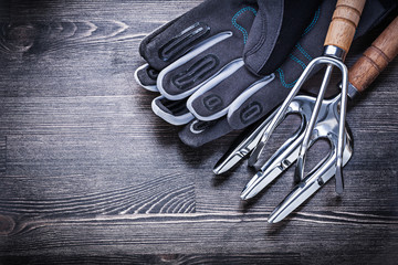 Rake trowel fork protective gloves on wooden board agriculture c
