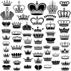 Big silhouette set of crowns. Black on white