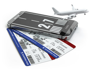 Buying airline tickets online concept.  Smartphone or mobile pho