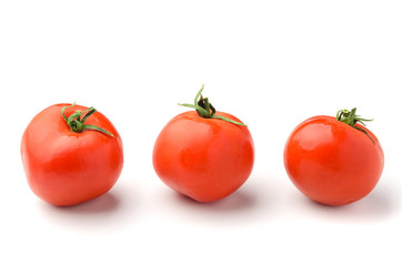 Three fresh tomato in row isolated on white