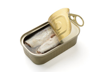 Tin canned fish sardines in oil isolated on white