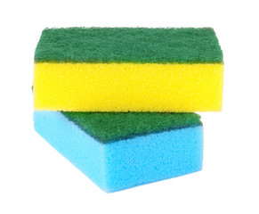 colorful sponges for washing dishes on a white background