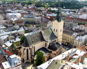 Latin cathedral in Lviv. Aerial view.