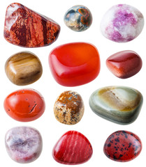 set from red, pink, brown gemstones isolated