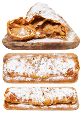 Set From Apple Strudel On Wooden Board Isolated