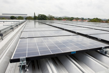 Power plant using renewable solar energy with blue sky with clou