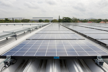 Power plant using renewable solar energy with blue sky with clou