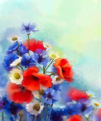 Fototapeta premium Watercolor red poppy flowers, blue cornflower and white daisy painting. Flower paint in soft color and blur style, Soft green and blue purple background. Spring floral seasonal nature background