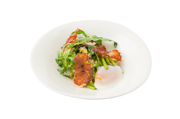 Vegetables salad with balsamic vinegar dressing, onsen tamago (Japanese style scald egg) and smoked striploin ham 1.5 millimeters thickness in ceramic bowl, a modern cusine concept food