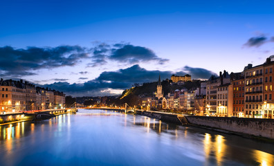 Fototapeta na wymiar View of Saone river in Lyon city at evening, France 