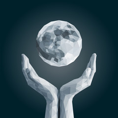 polygonal full moon in cupped hand monochrome dark