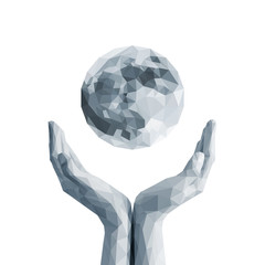 polygonal full moon in cupped hand monochrome white
