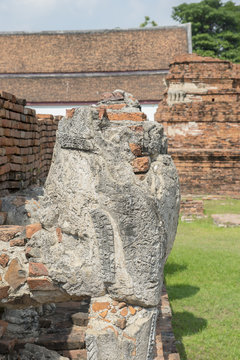 The ruins of Statue lion style cambodia around pagoda ruins. In