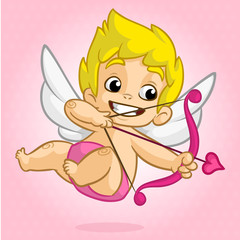 Funny cupid with bow and arrow aiming at someone. Illustration of a Valentine's Day. Vector. Isolated on blue background