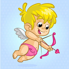 Funny cupid with bow and arrow aiming at someone. Illustration of a Valentine's Day. Vector