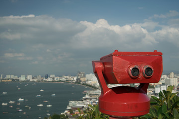 stationary observation binoculars, view of the sea and the city of Pattaya