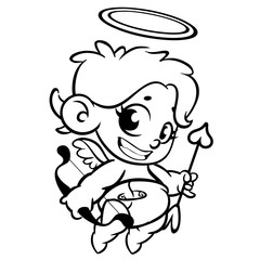 Funny cupid with bow and arrow. Illustration of a Valentine's Day.  Monochrome vector line art isolated