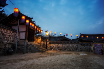 Fototapeta na wymiar Namsangol hanok village with lanterns
