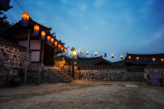Namsangol hanok village with lanterns