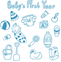 Set of 15 vector lovely editable hand drawn objects for baby care. Baby food, baby toys and other