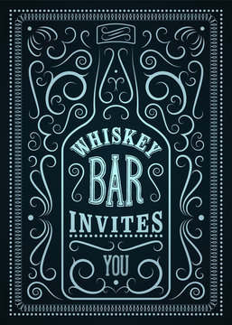 Typographic retro design Whiskey Bar poster. Vintage label with stylized whiskey bottle. Vector illustration.