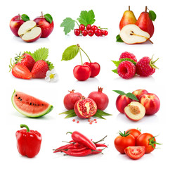 Ser of fresh red fruits and vegetables isolated on white