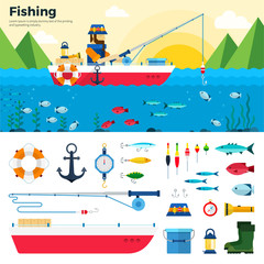 Banner Fisherman on Lake. Items Fishing Icon Set
