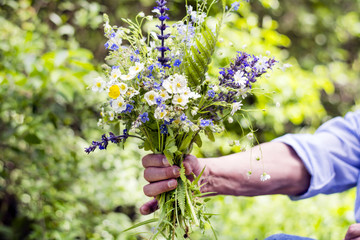 Fototapeta na wymiar hand of woman giving bouquet with wild forest