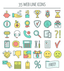 35 linear web icons. Color moder line icons for business, web development and landing page. Flat design. Vector