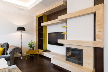 Apartment interior with fireplace
