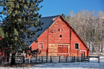 Classic red barn in an Idaho winter