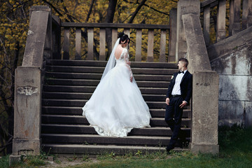 Obraz na płótnie Canvas Gorgeous brunette bride and confident groom posing on old stone