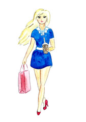 Hand drawn watercolor shopping girl isolated on white background