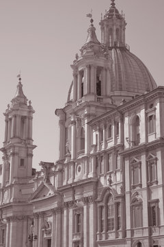 Sant Agnese in Agone Church in Piazza Navona Square; Rome; Italy in Black and White Sepia Tone