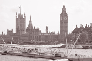 Fototapeta na wymiar Houses of Parliament and Big Ben, London UK in Black and White Sepia Tone