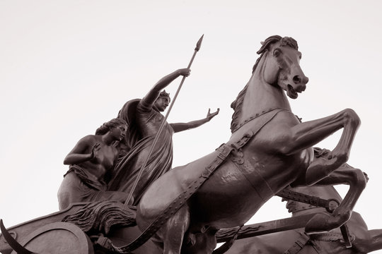 Boadicea and her Daughters by Thornycroft (1902), London, England, UK in Black and White Sepia Tone