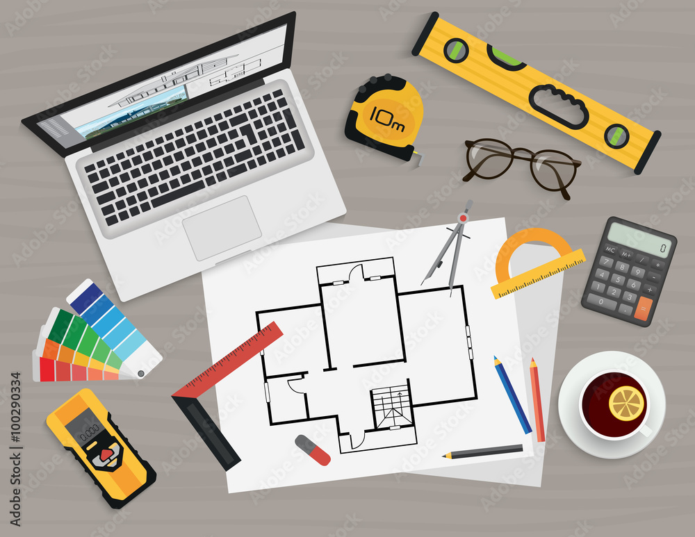 Poster Architect construction planning and creating process with proffesional tools. Projects technical concept. Workplace top view.