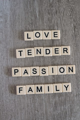 Words connected to love and family formed with plastic letters