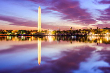 Washington Monument reflects on the Tidal Basin in Washington DC, USA.